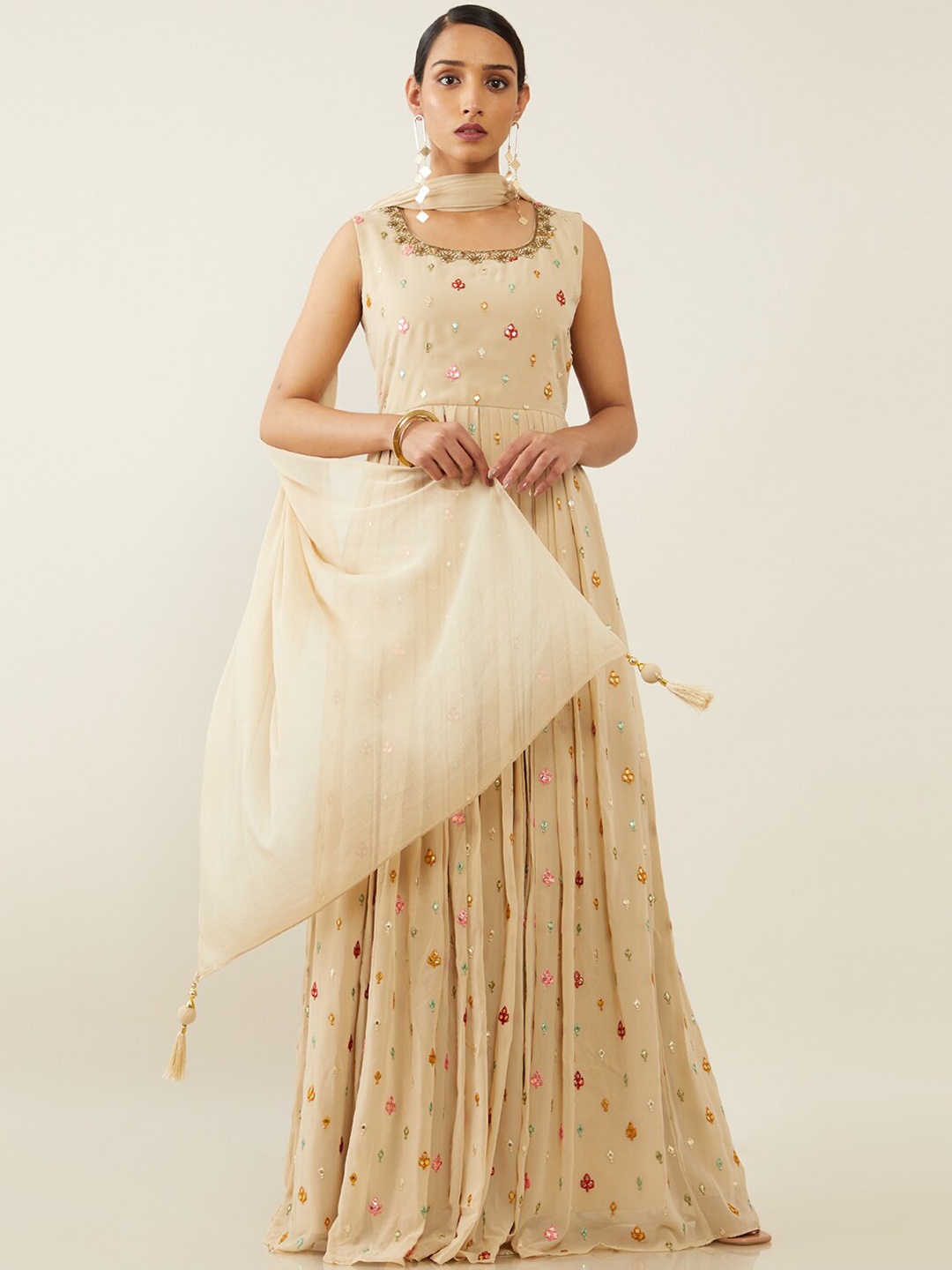 

Soch Women Beige Embroidered Empire Zardozi Kurti with Churidar & With Dupatta