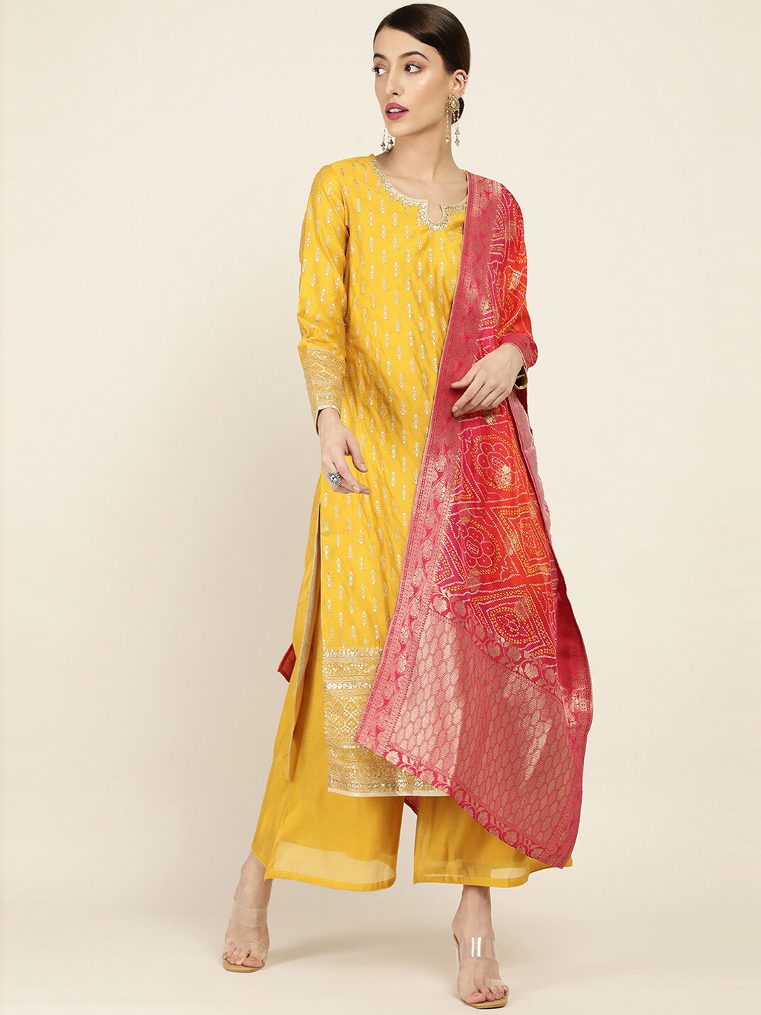 

Soch Women Mustard Yellow Ethnic Motifs Printed Sequinned Chanderi Silk Kurta with Palazzos & With Dupatta