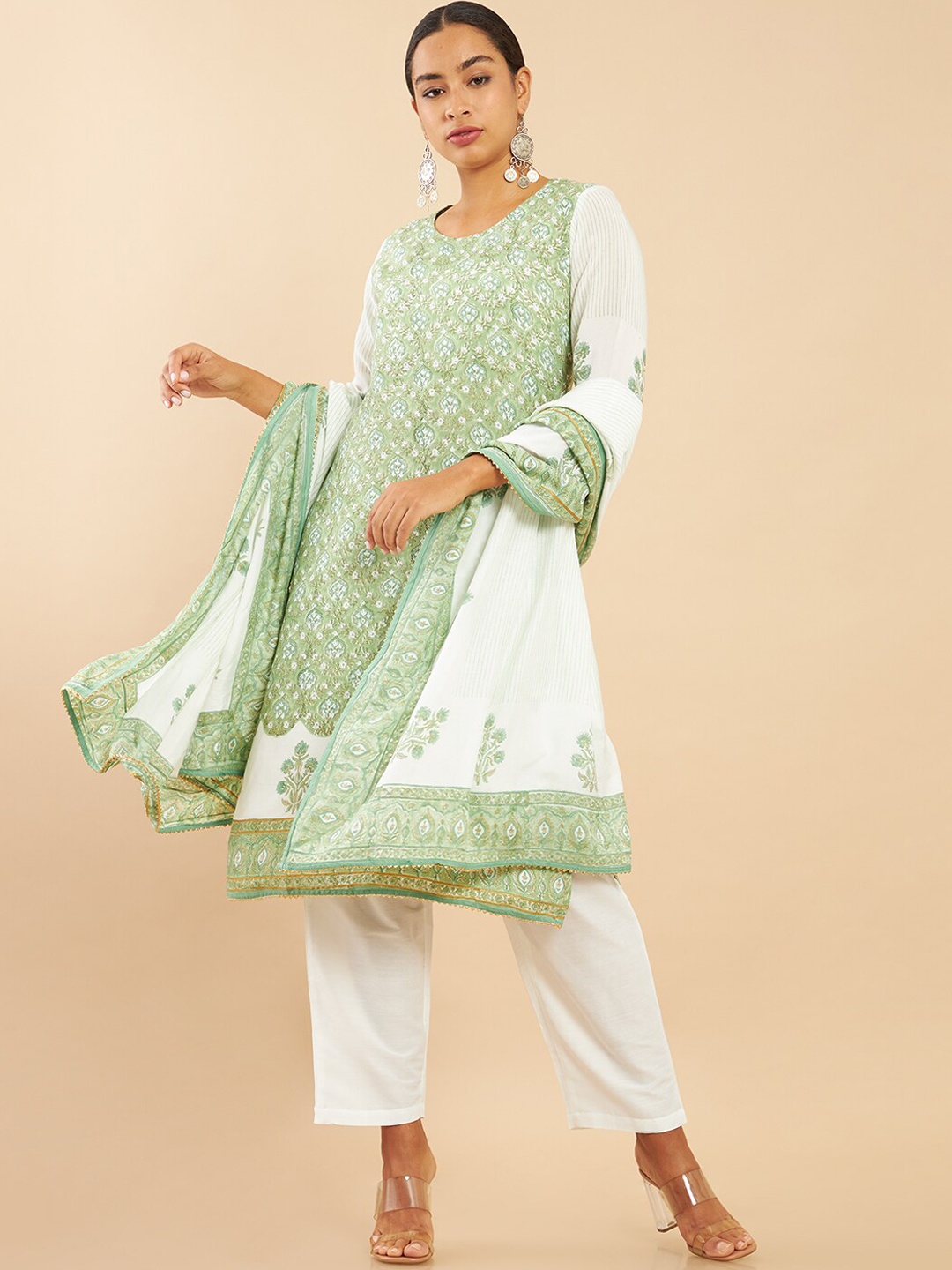 

Soch Women Green Floral Printed Kurta with Trousers & With Dupatta