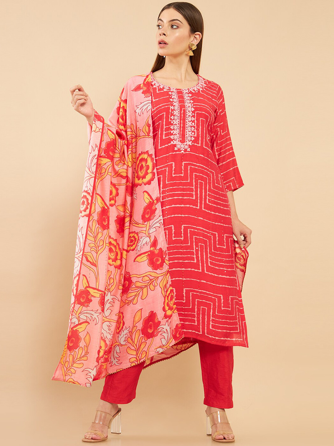 

Soch Women Pink Yoke Design Kurta with Trousers & With Dupatta