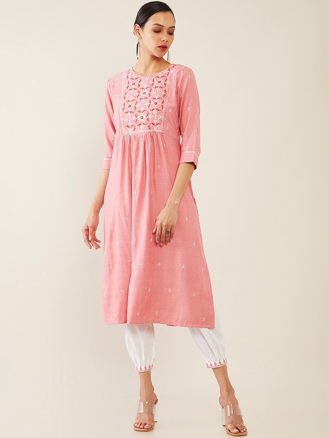 

Soch Women Pink Embroidered Pleated Thread Work Pure Cotton Kurta with Trousers