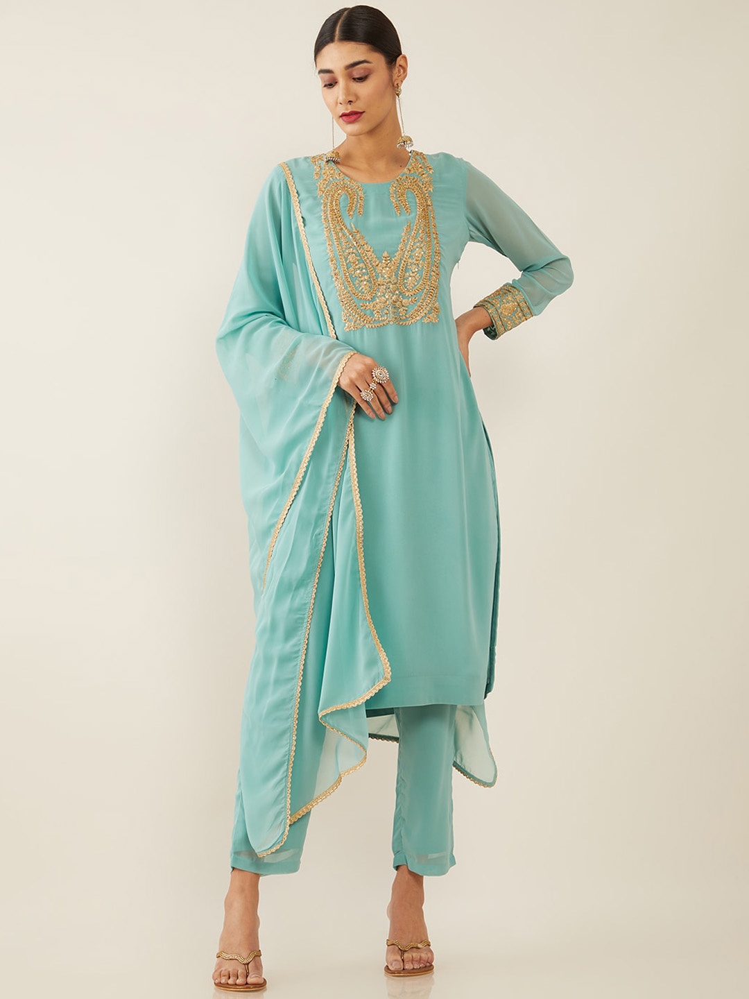 

Soch Women Turquoise Blue Embroidered Layered Sequinned Kurta Set