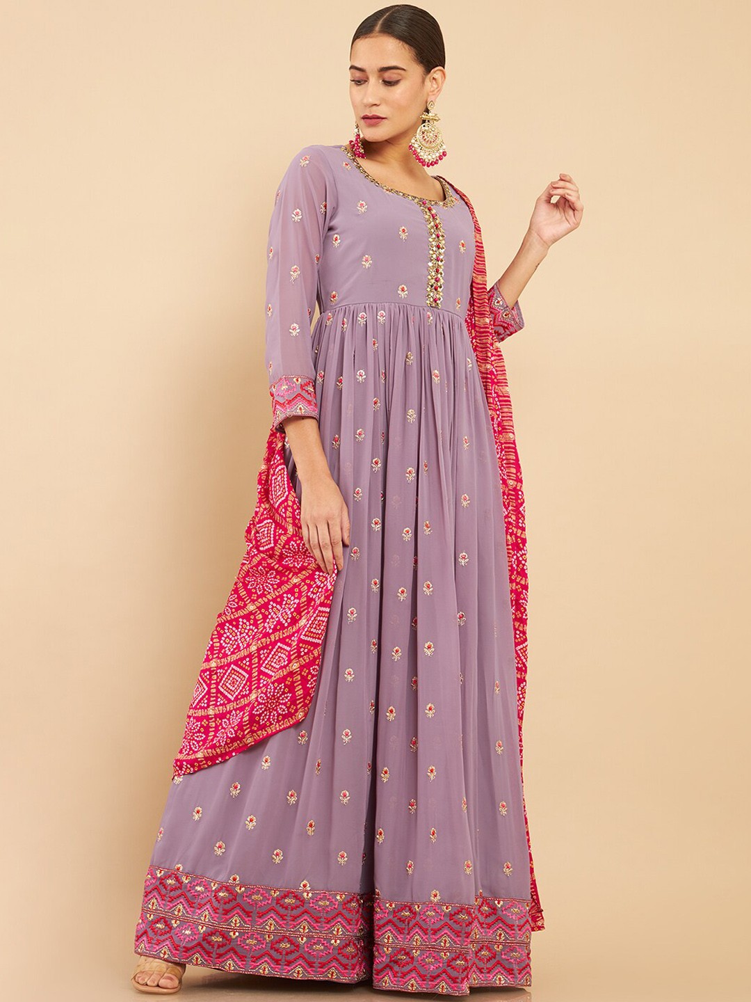 

Soch Women Purple Ethnic Motifs Embroidered Empire Mirror Work Kurta with Churidar & With Dupatta