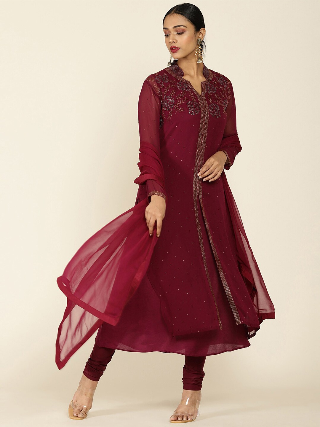 

Soch Women Magenta Ethnic Motifs Beads and Stones Kurta with Churidar & Dupatta
