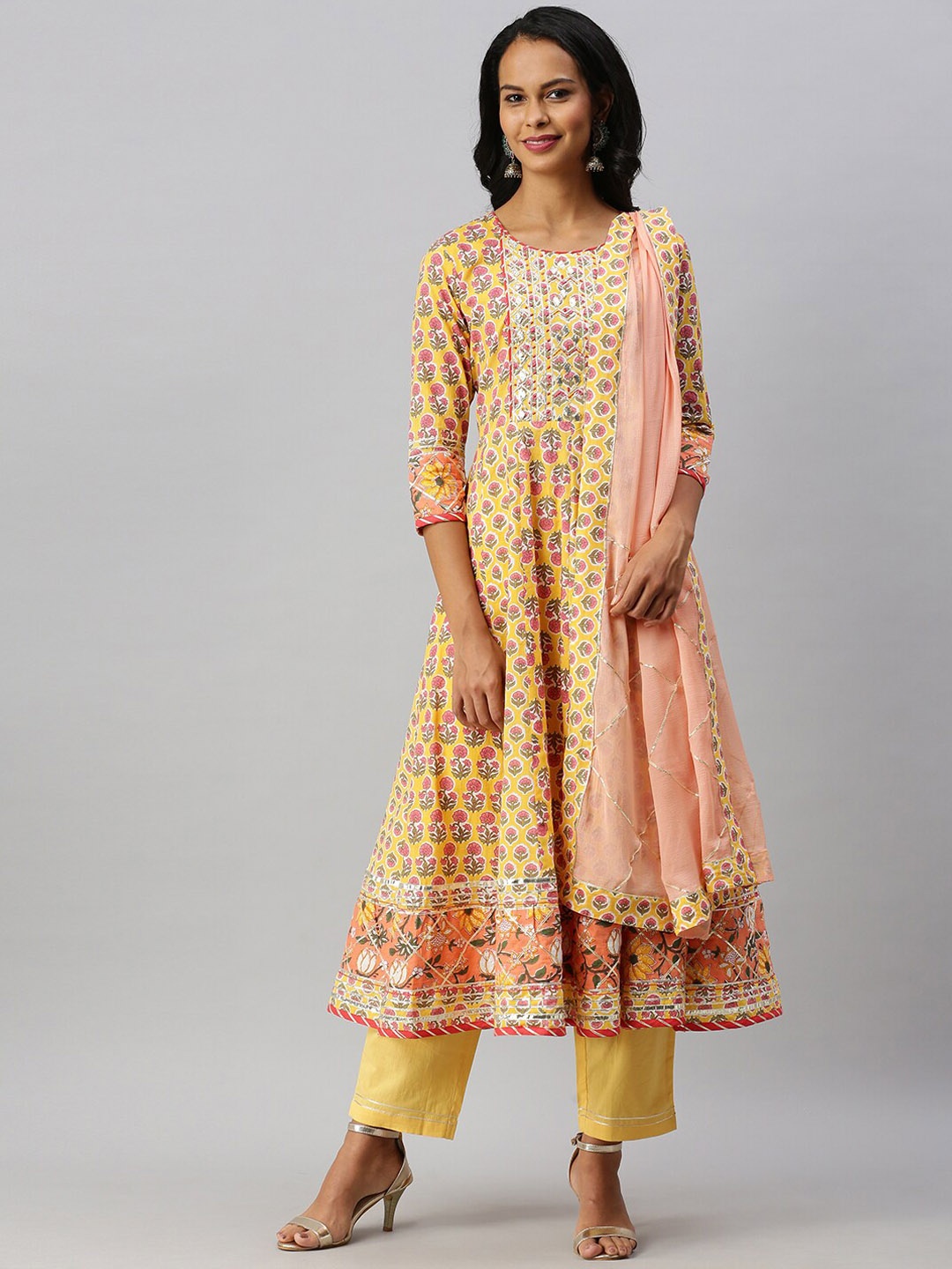 

Soch Women Mustard Yellow Embroidered Empire Gotta Patti Pure Cotton Kurti with Trousers & With Dupatta