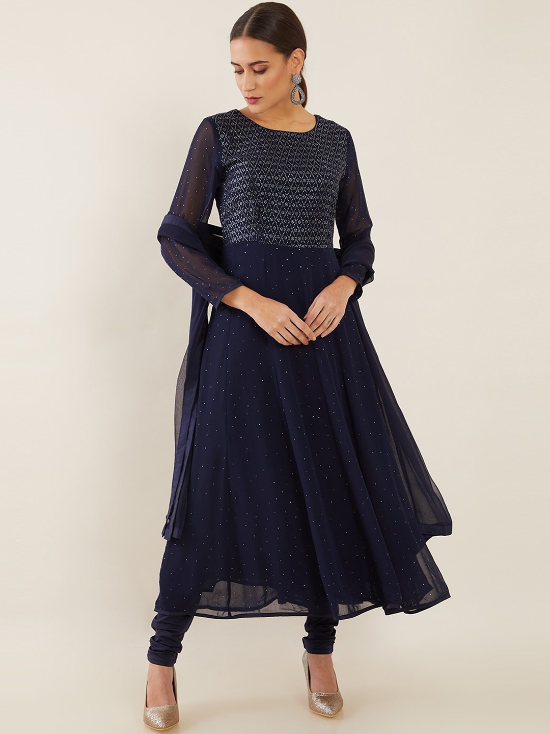 

Soch Women Navy Blue Embroidered Empire Beads and Stones Kurta
