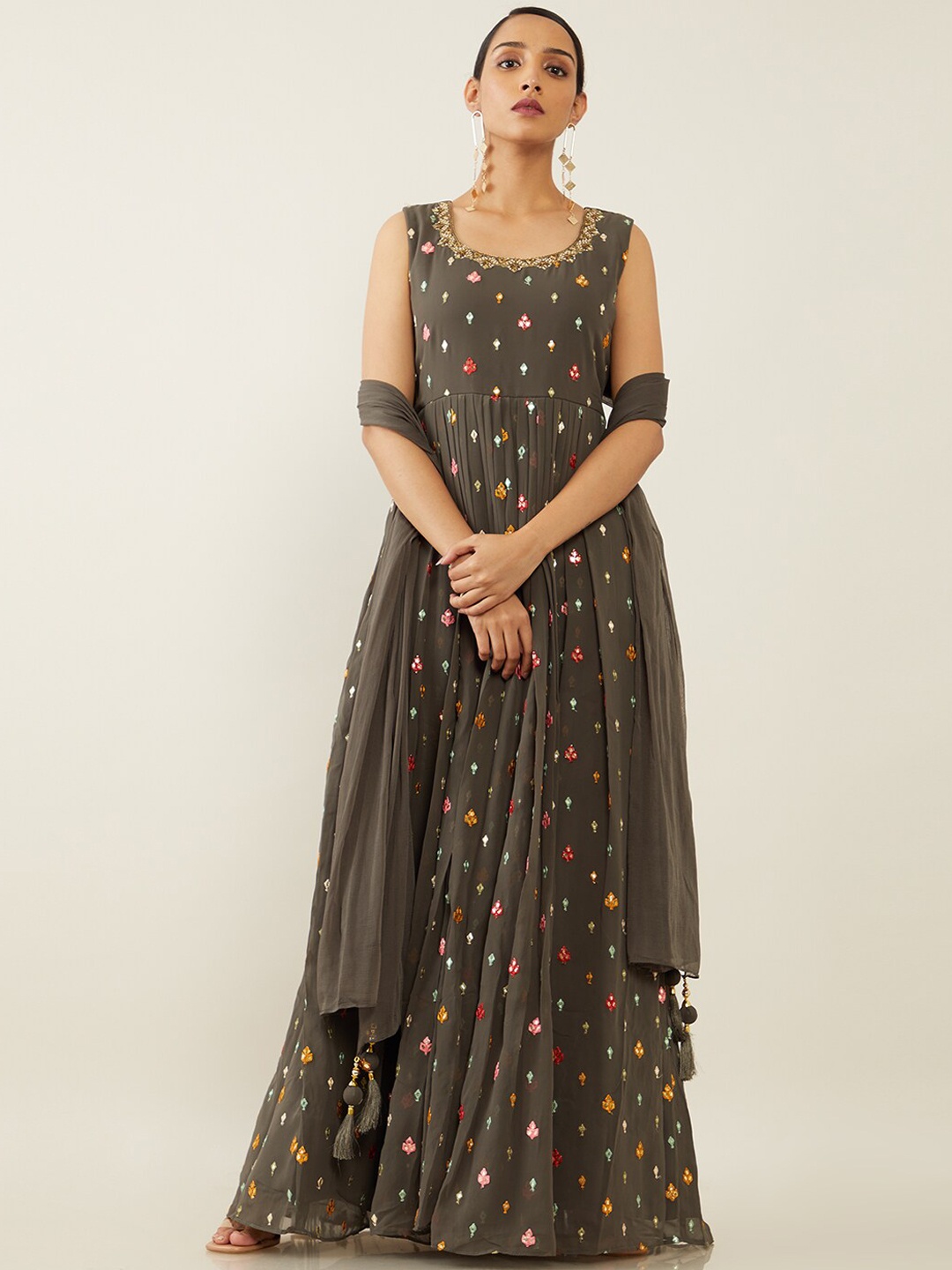 Soch Women Grey Floral Embroidered Pleated Mirror Work Kurti with Skirt & With Dupatta