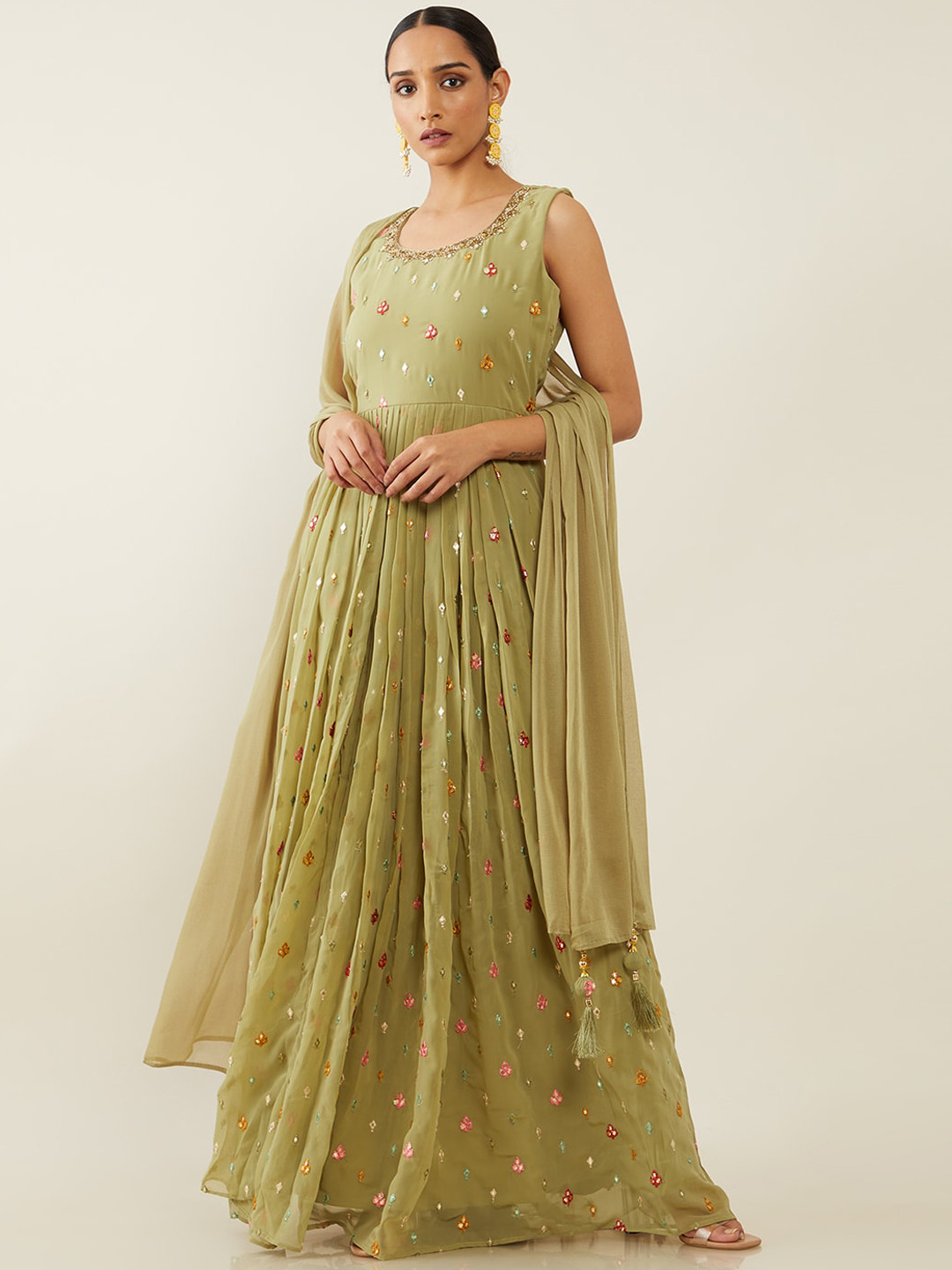 

Soch Women Green Ethnic Motifs Embroidered Empire Kurta with Churidar & With Dupatta
