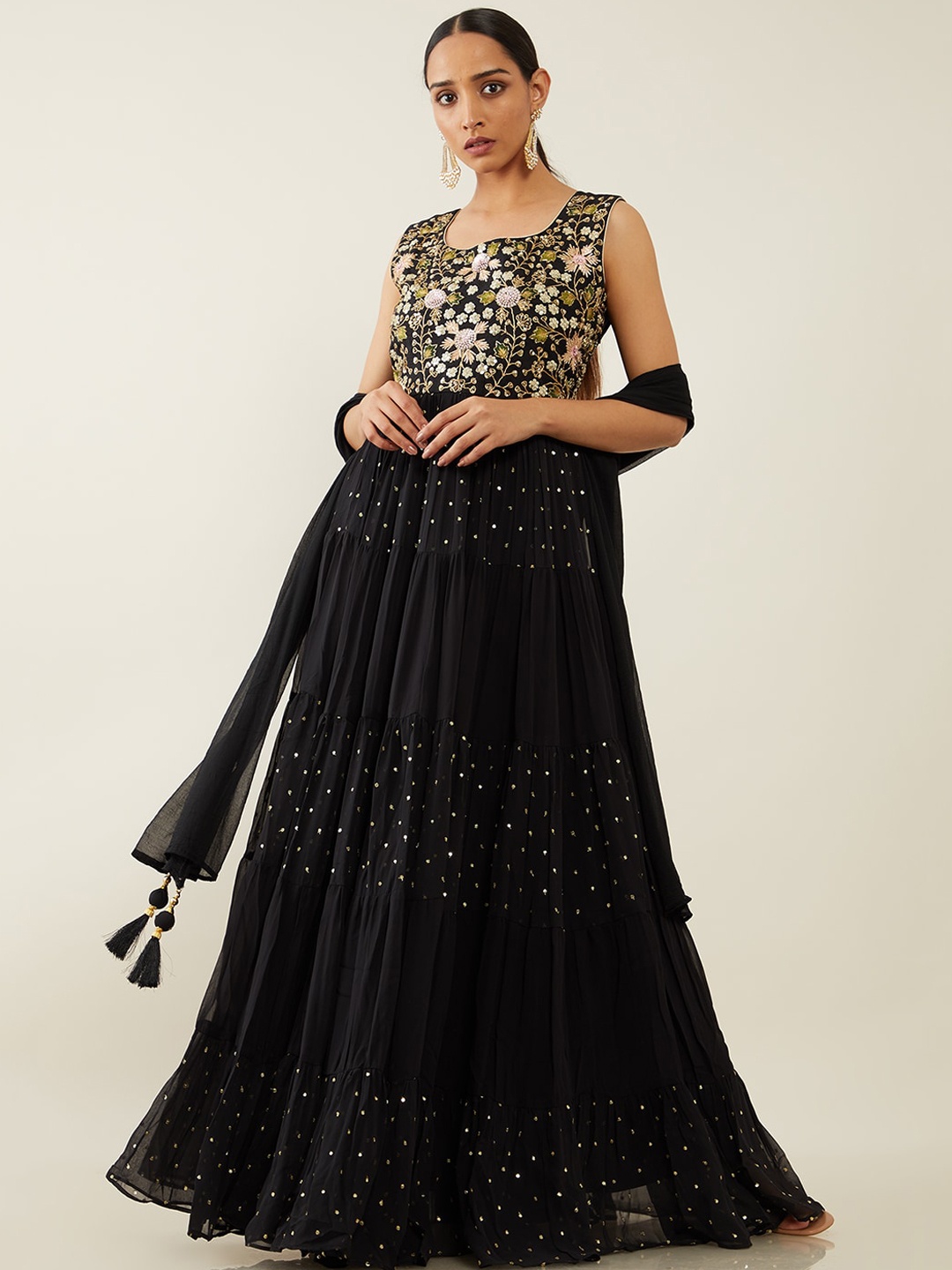 

Soch Women Black Floral Embroidered Tiered Sequinned Kurti with Pyjama & Dupatta