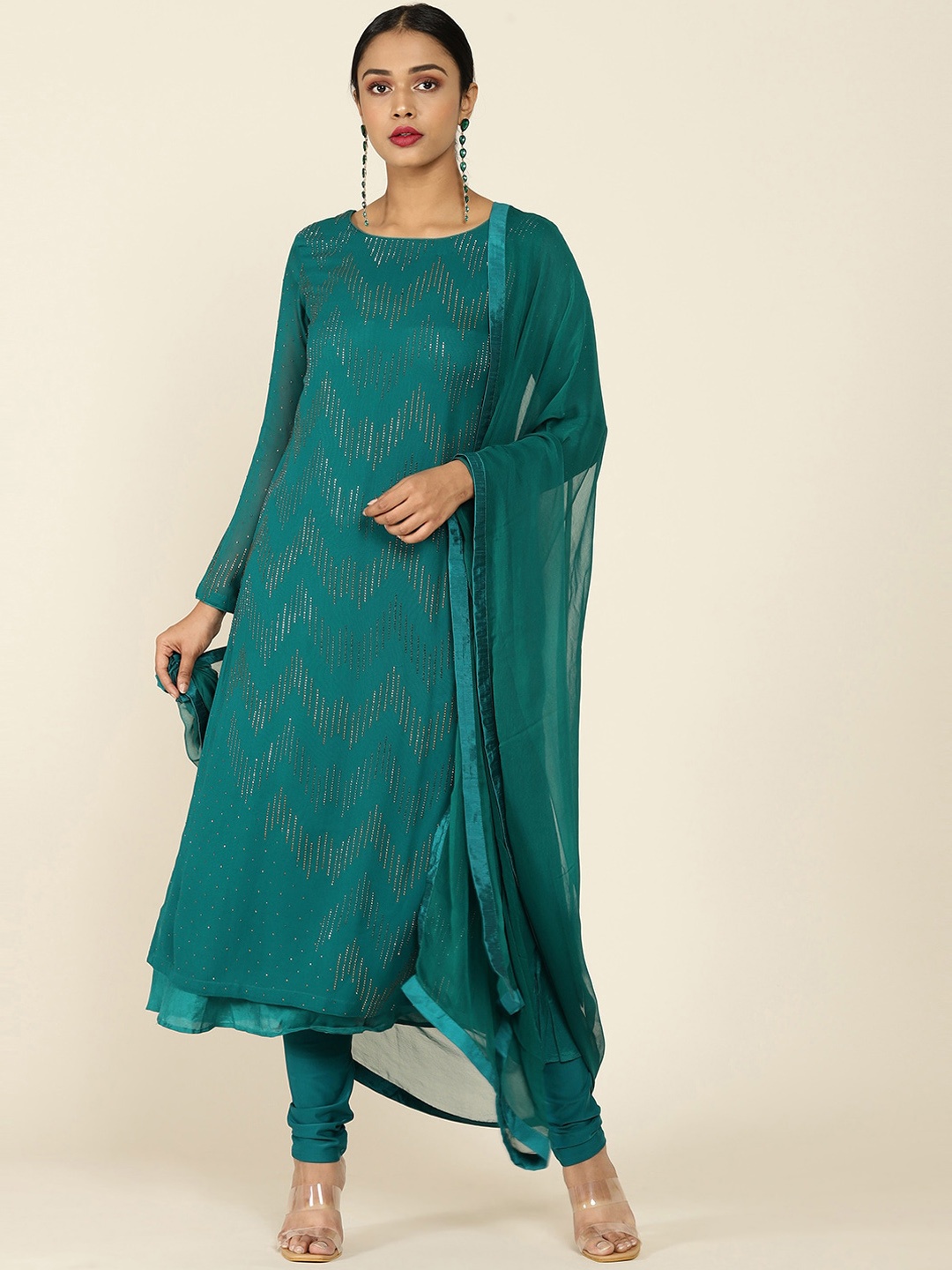 

Soch Women Teal Ethnic Motifs Embroidered Panelled Beads and Stones Kurta with Churidar & With Dupatta