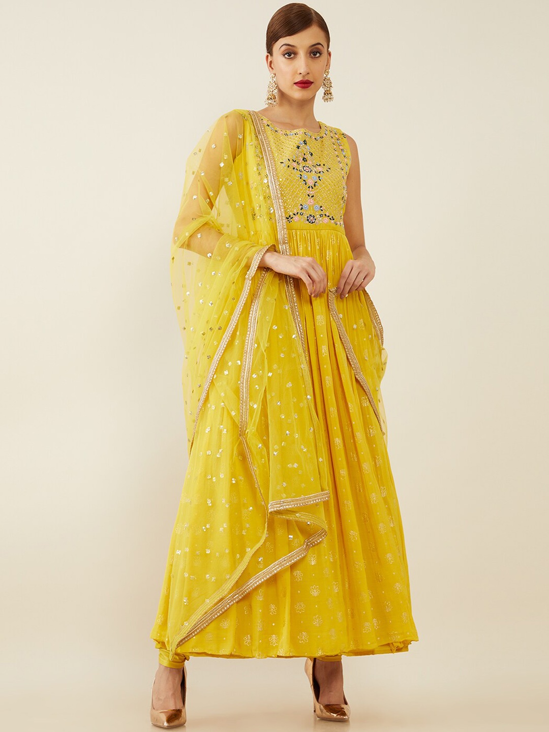 

Soch Women Yellow Floral Embroidered Empire Sequinned Kurta with Churidar & With Dupatta