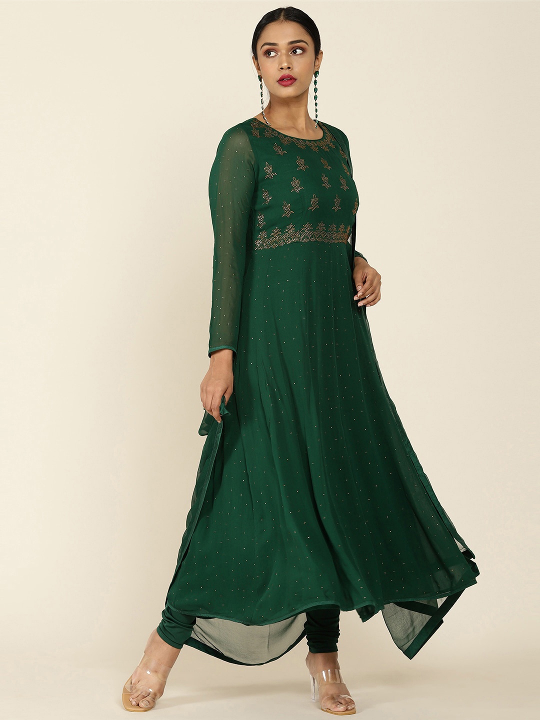 

Soch Women Green Floral Yoke Design Empire Beads and Stones Kurti with Churidar & With Dupatta