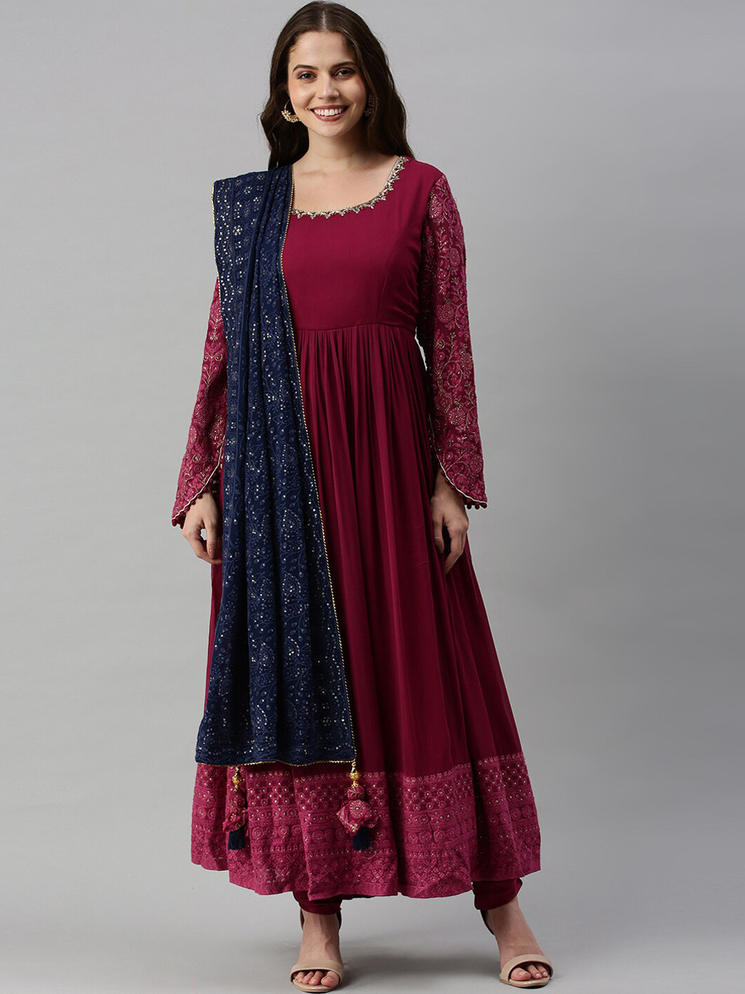 

Soch Women Maroon Embroidered Empire Beads And Stones Kurti With Trousers & Dupatta