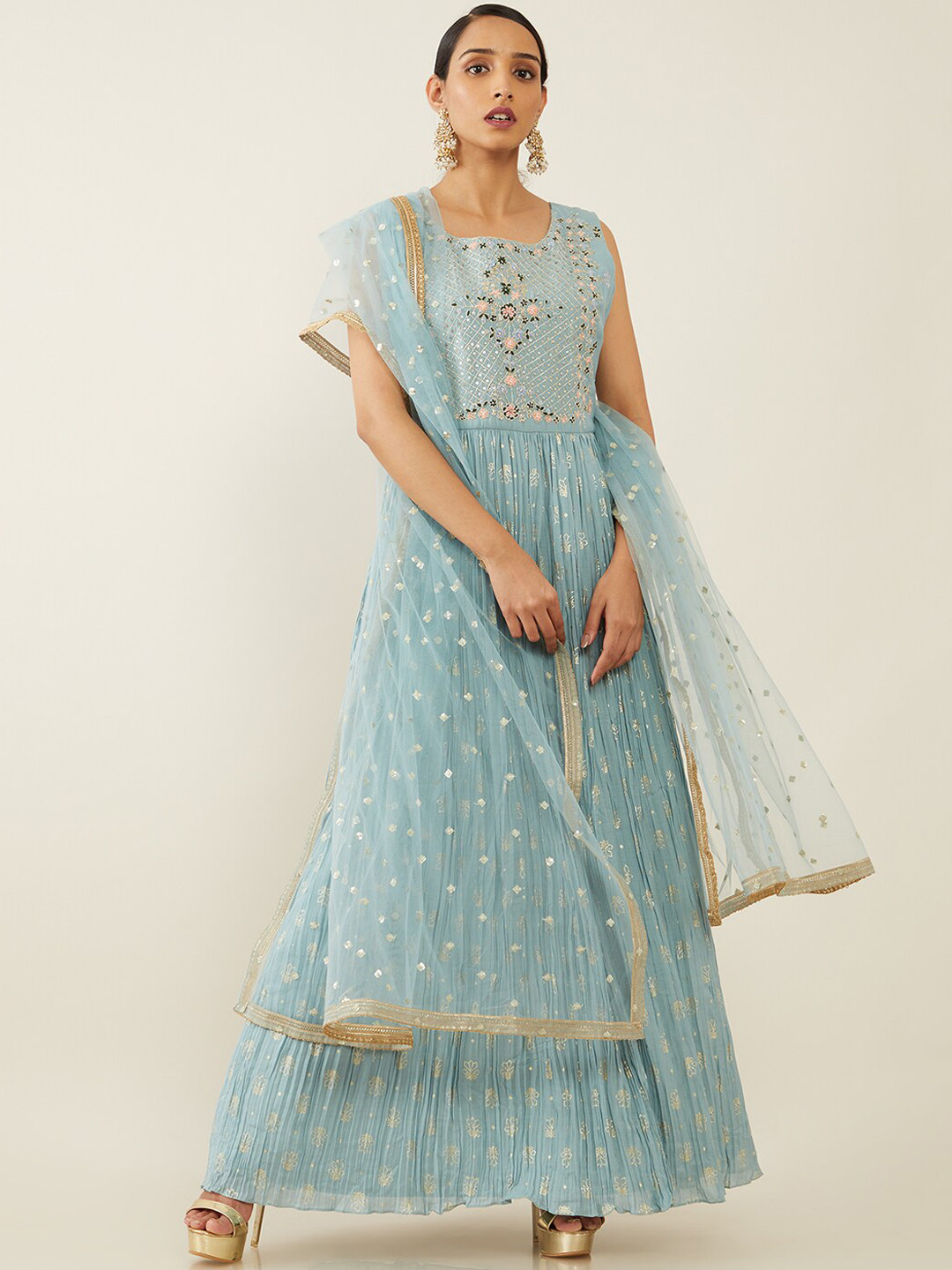 

Soch Women Blue Embroidered High Slit Sequinned Kurti with Skirt & With Dupatta