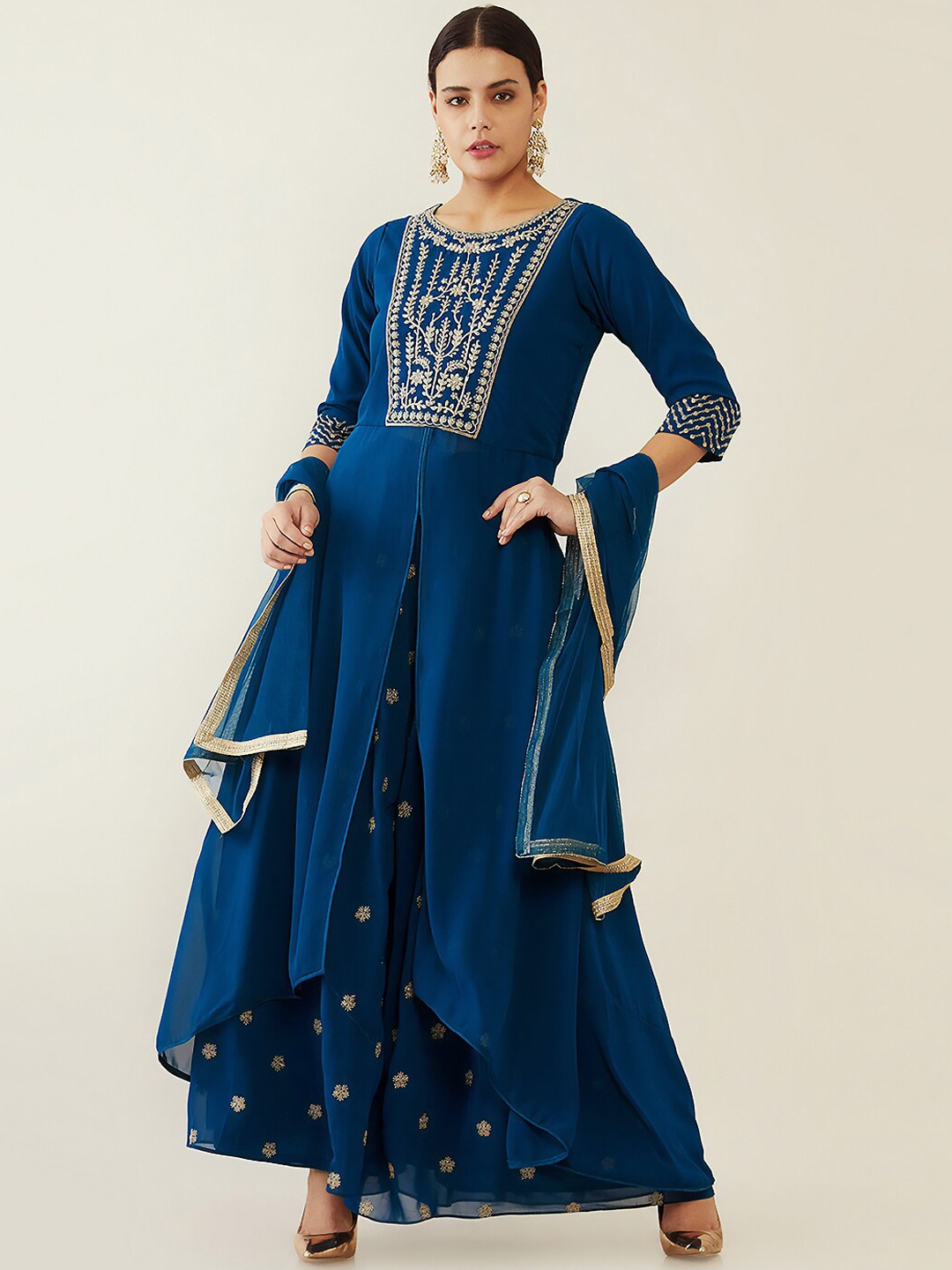 

Soch Women Turquoise Blue Ethnic Motifs Embroidered High Slit Zardozi Kurta with Churidar & With Dupatta