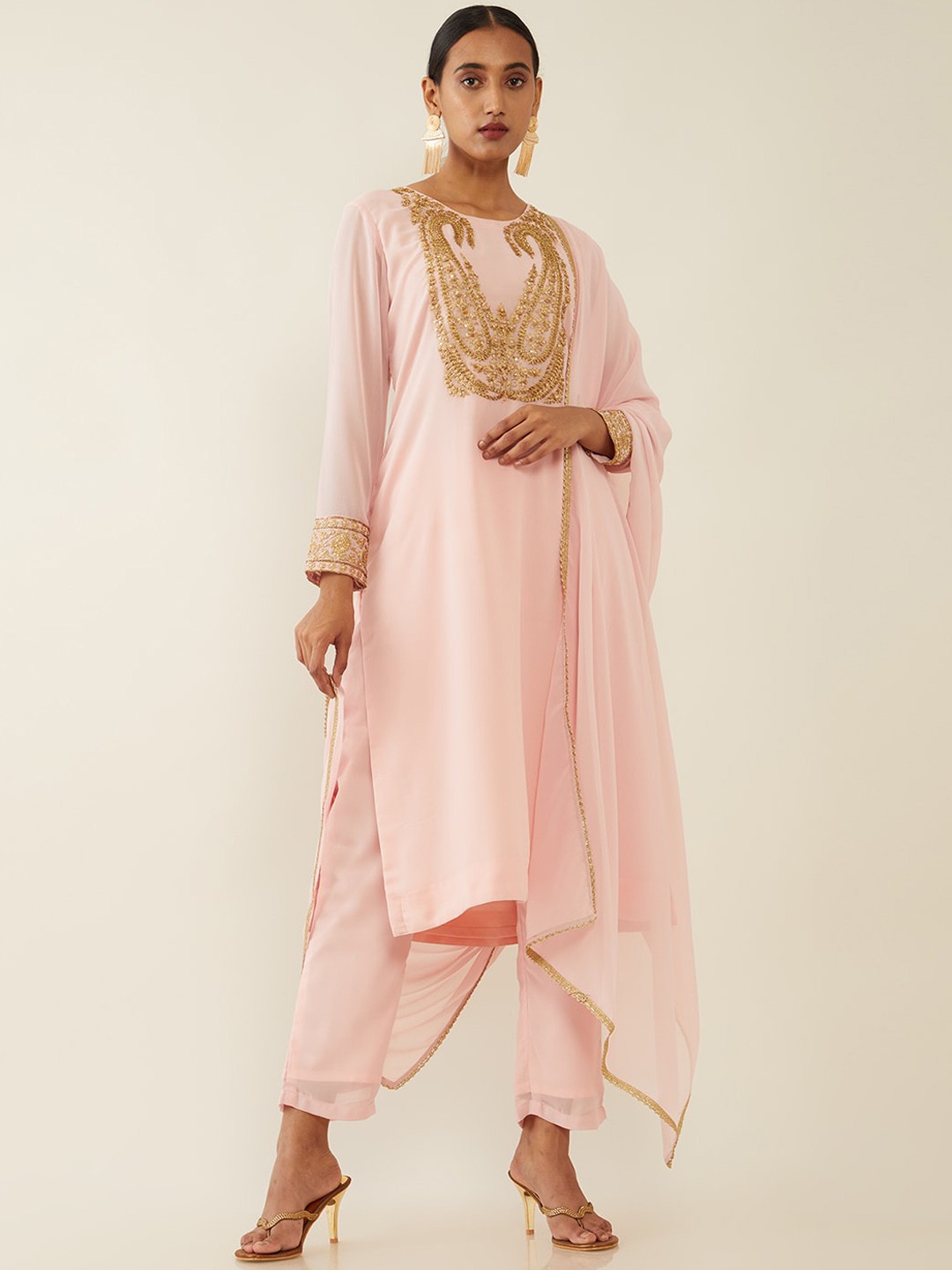 

Soch Women Pink Floral Yoke Design Panelled Sequinned Kurta with Trousers & With Dupatta