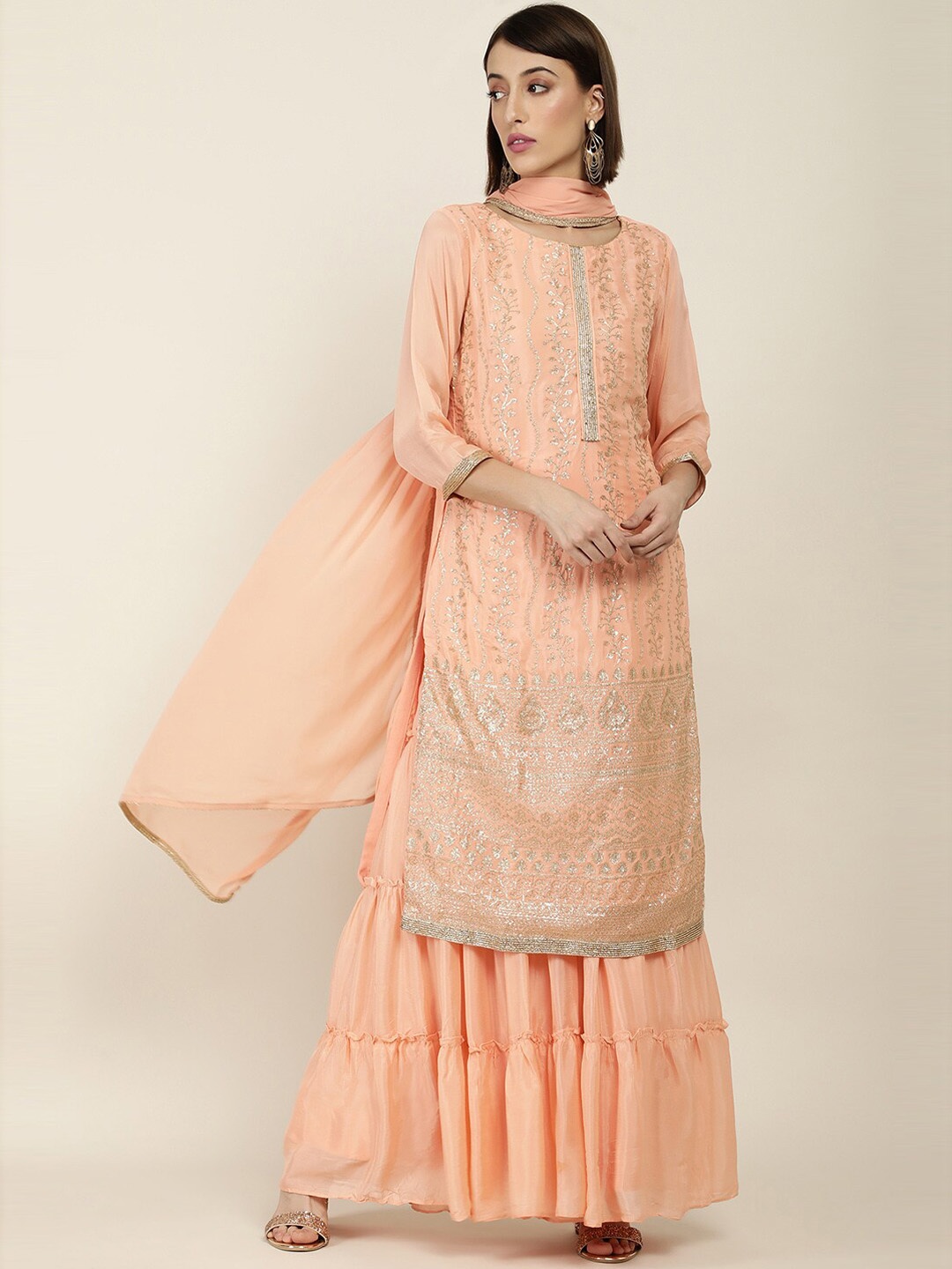 

Soch Women Peach-Coloured Floral Embroidered Kurta with Sharara & Dupatta