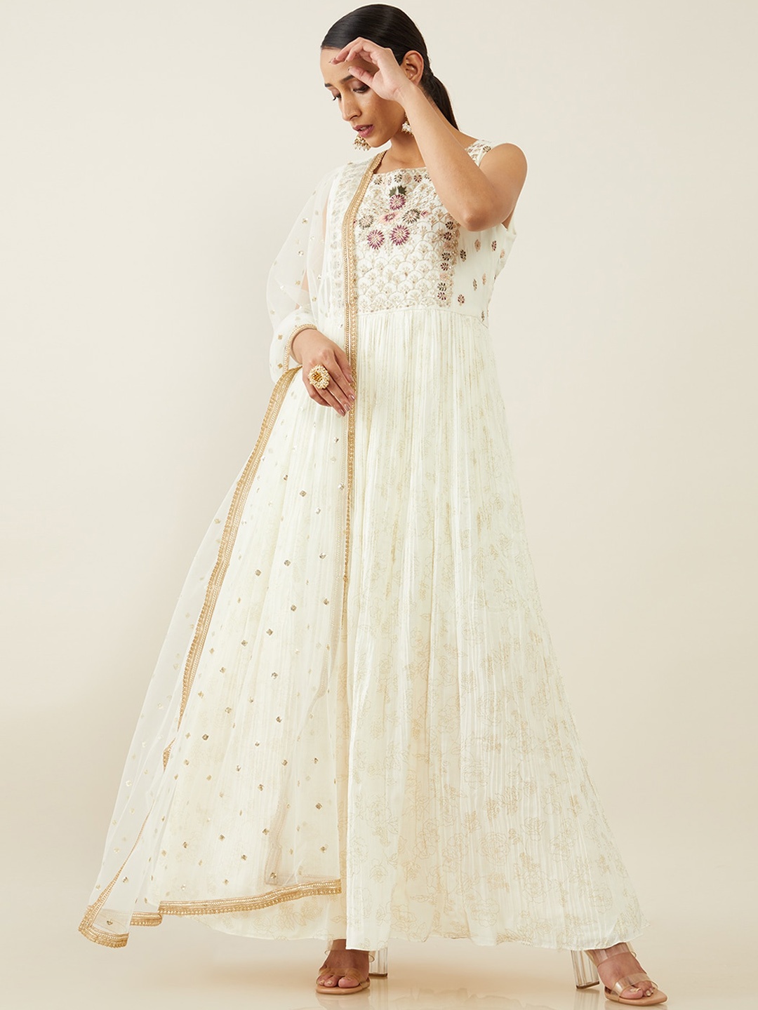 

Soch Women Off White Embroidered Sleeveless Kurta with Trousers & With Dupatta