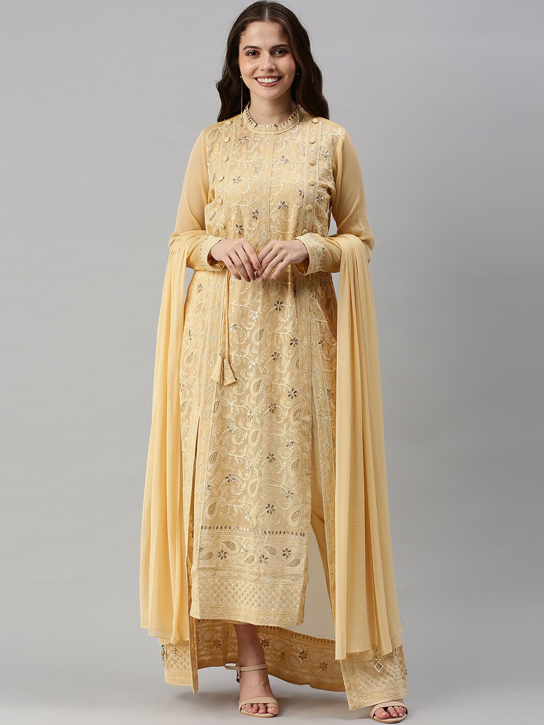 

Soch Women Yellow Floral Embroidered Panelled Kurta with Trousers & With Dupatta