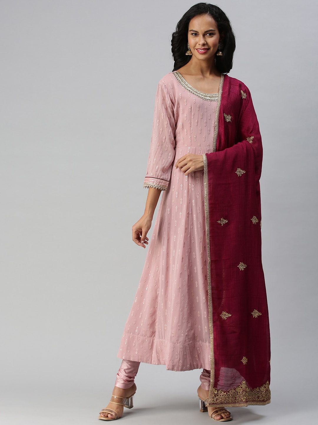 

Soch Women Pink Ethnic Motifs Embroidered Empire Zardozi Kurti with Churidar & With Dupatta