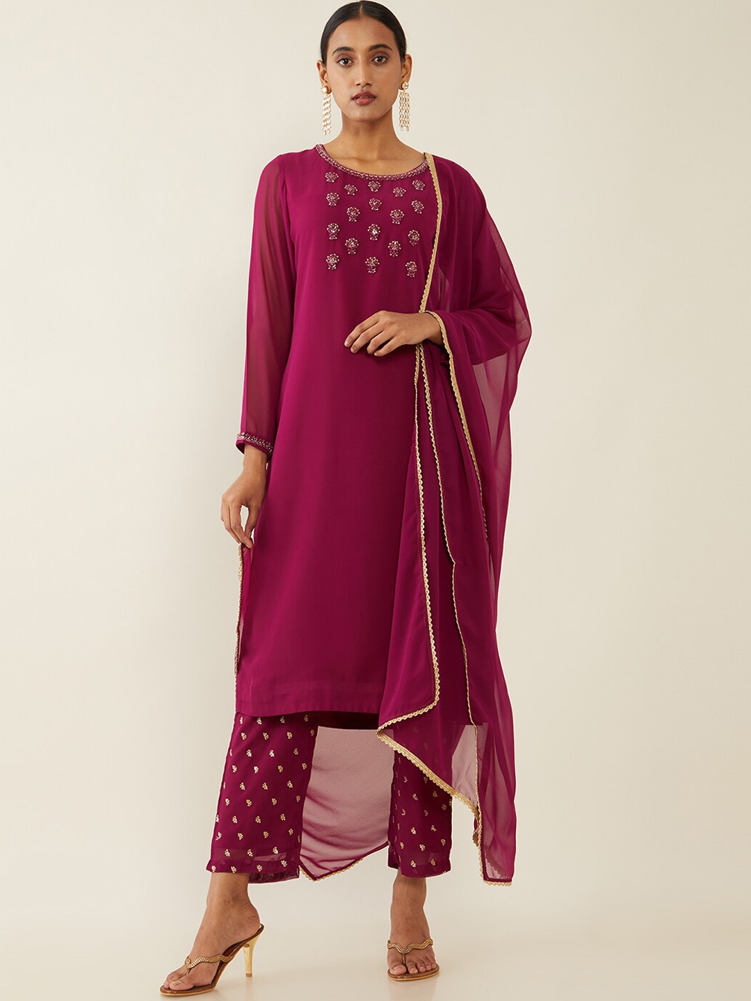 

Soch Women Purple Floral Yoke Design Beads and Stones Kurta Trousers & With Dupatta