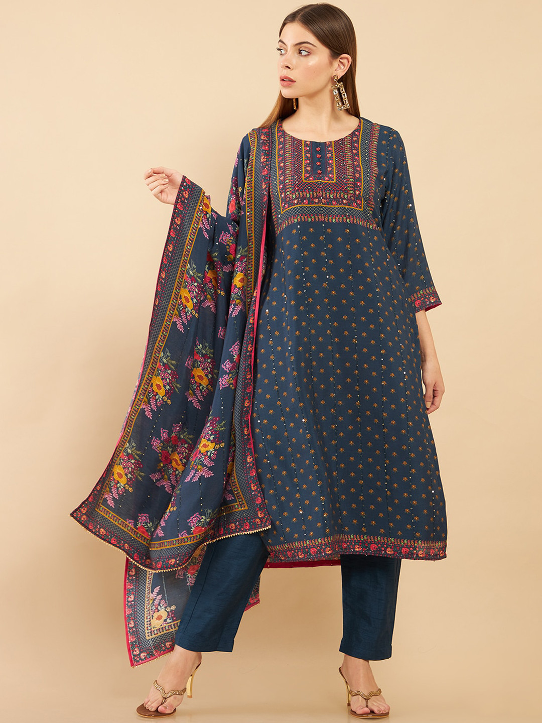 

Soch Women Navy Blue Ethnic Motifs Yoke Design Sequinned Kurta with Trousers & Dupatta