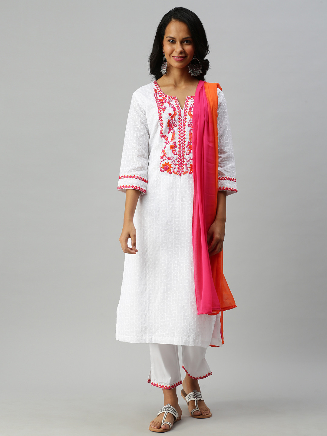 

Soch Women Yellow Embroidered Layered Thread Work Pure Cotton Kurta with Trousers & With Dupatta