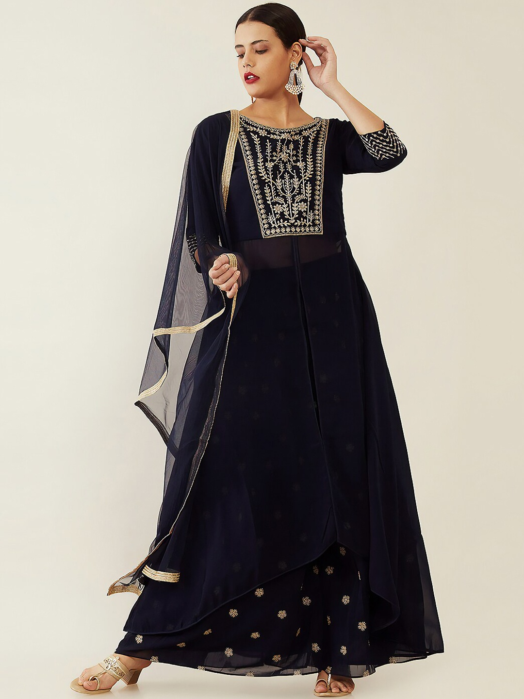 

Soch Women Navy Blue Floral Embroidered Zardozi Kurta with Skirt & Dupatta