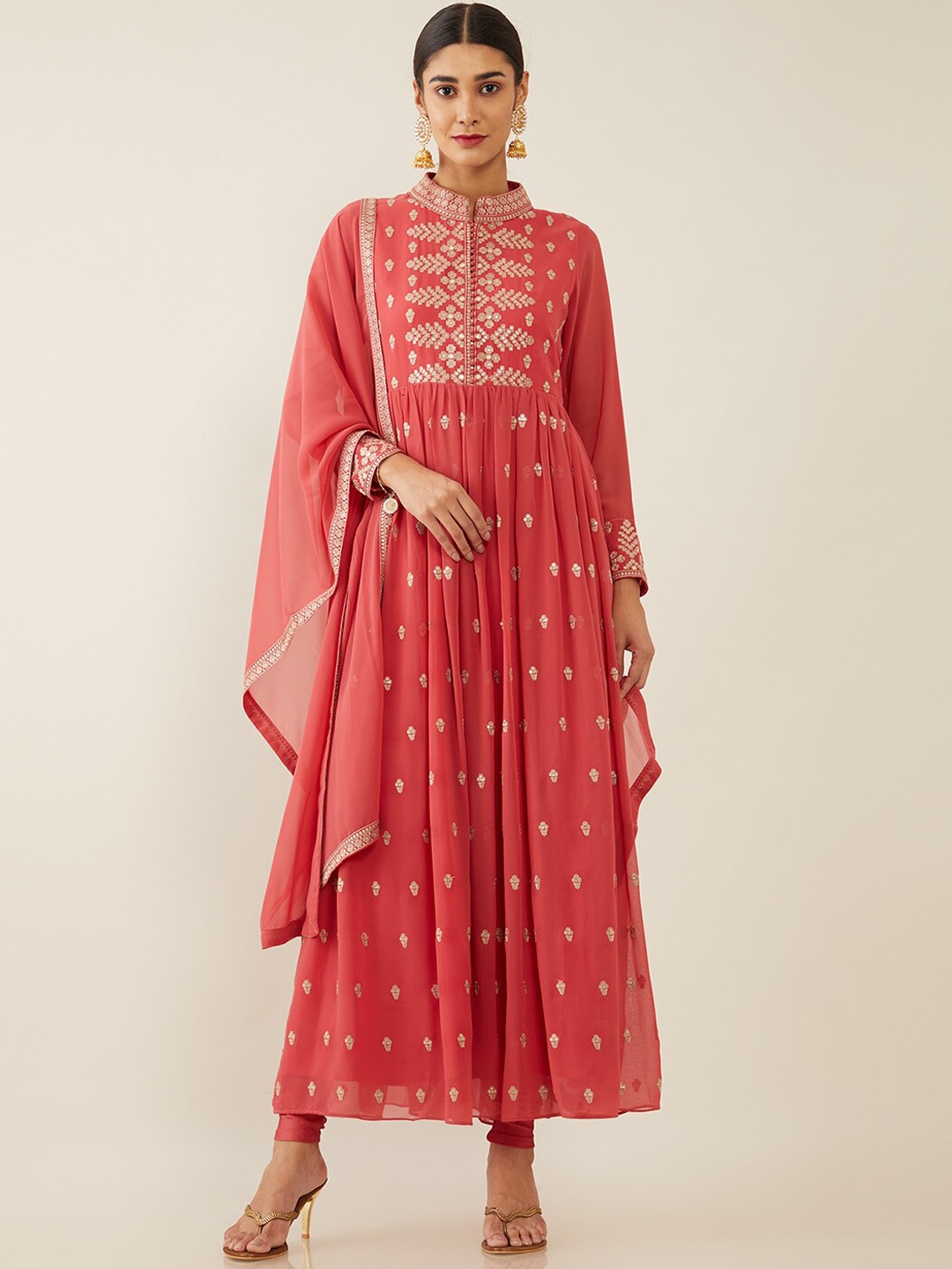Soch Women Coral Georgette Embroidered Anarkali Kurta and Trouser With Dupatta