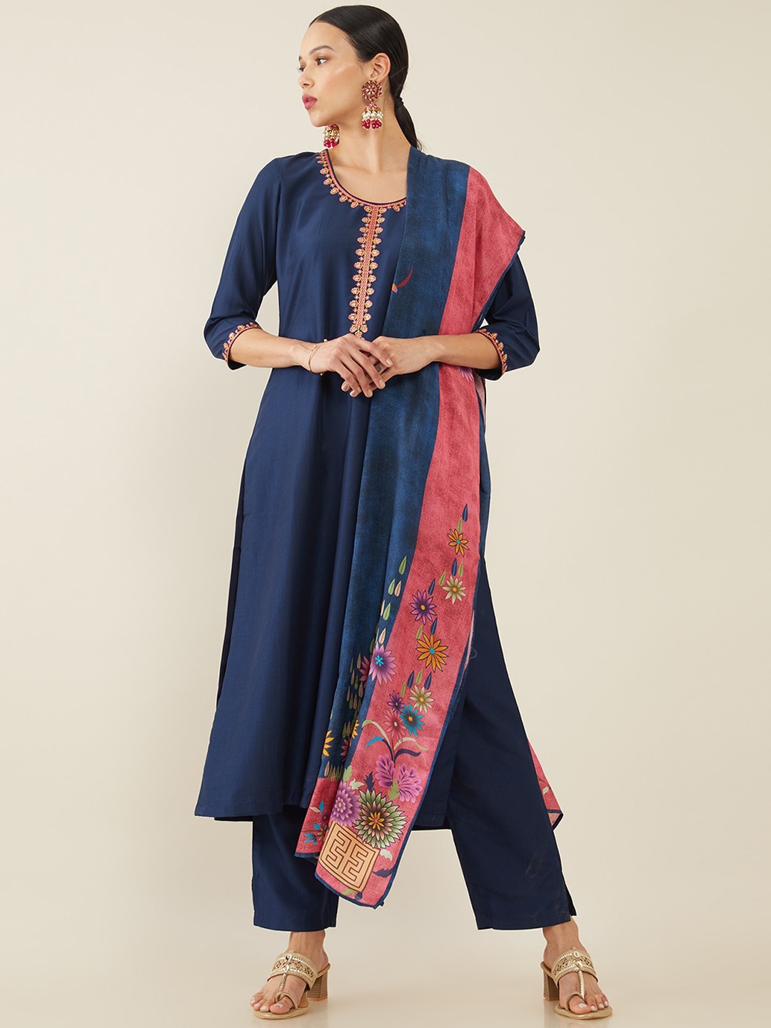 

Soch Women Navy Blue Yoke Design Layered Thread Work Kurta with Trousers & With Dupatta