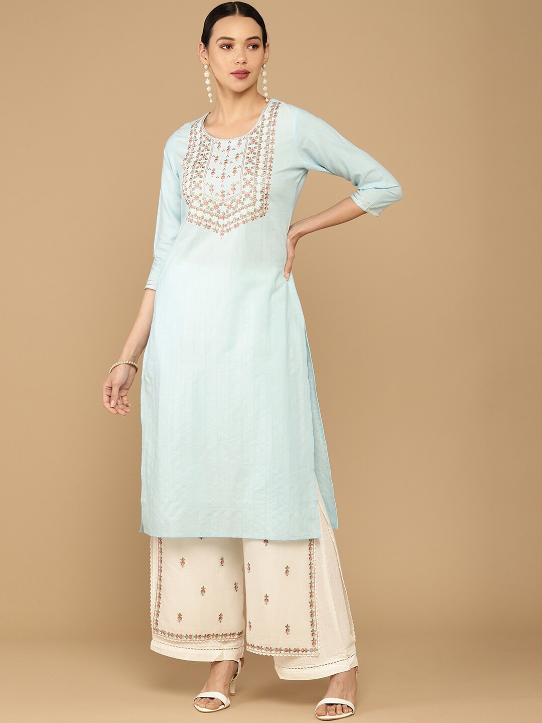 

Soch Women Blue Floral Yoke Design Thread Work Pure Cotton Kurta with Palazzos