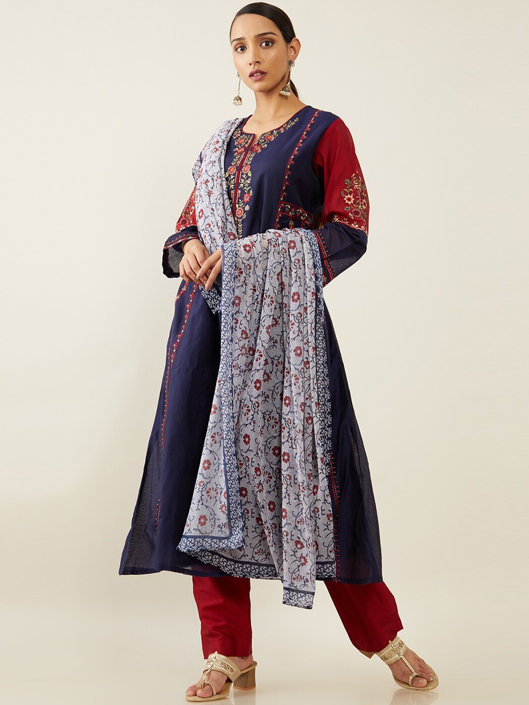 

Soch Women Navy Blue Embroidered Thread Work Chanderi Silk Kurta with Trousers & With Dupatta