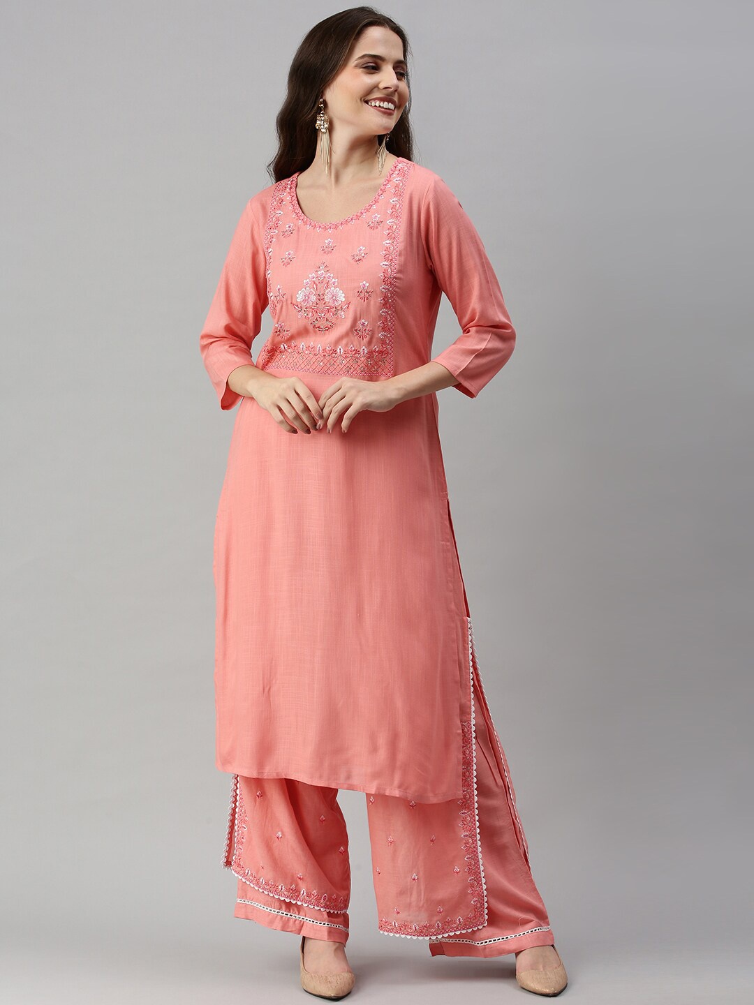 

Soch Women Pink Floral Embroidered Kurta with Palazzos