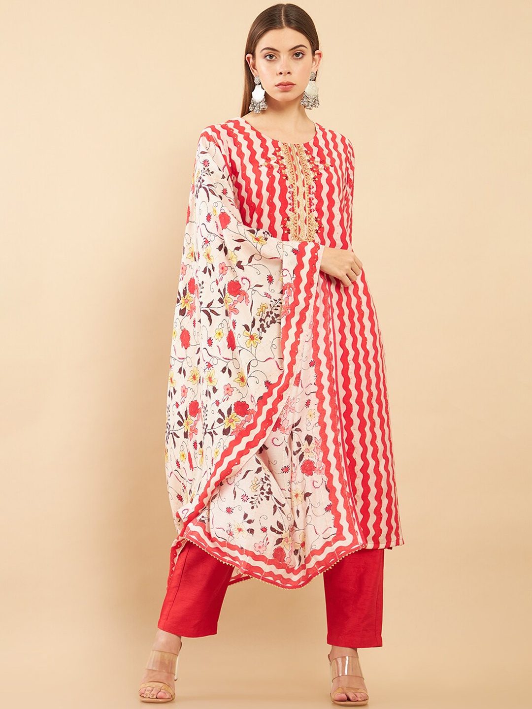 

Soch Women Pink Striped Yoke Design Kurti With Trouser And Dupatta
