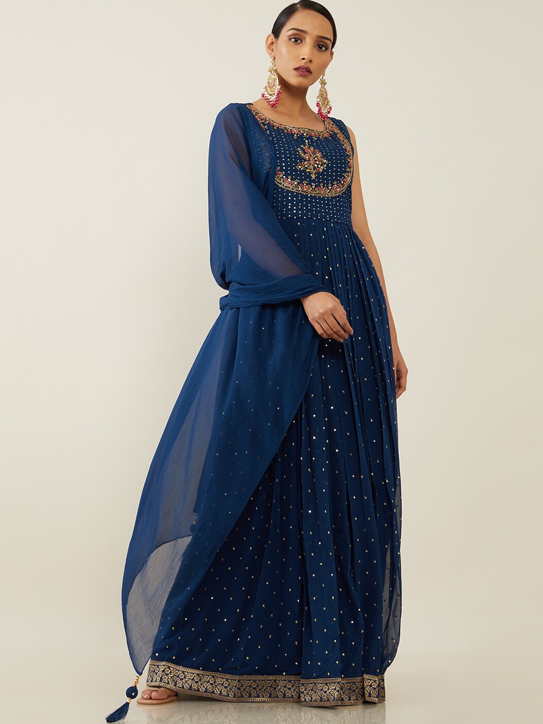 

Soch Women Blue Georgette Anarkali Embellished Kurta and Trouser With Dupatta