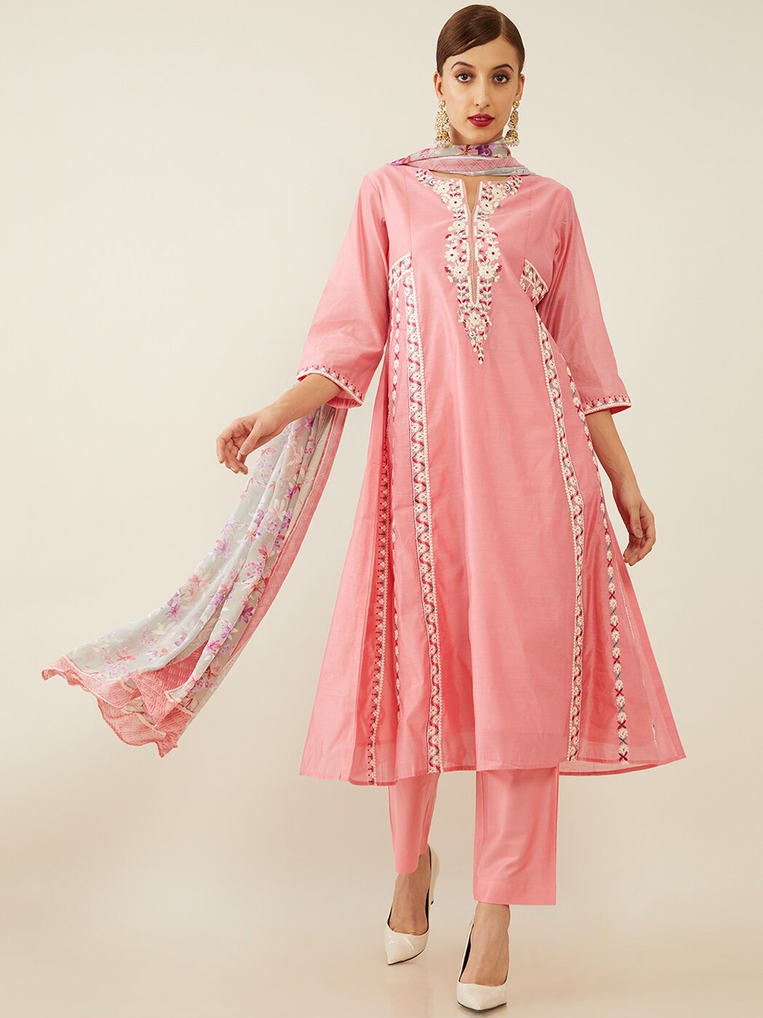 

Soch Women Pink Floral Embroidered Panelled Thread Work Chanderi Silk Kurta with Trousers & With Dupatta