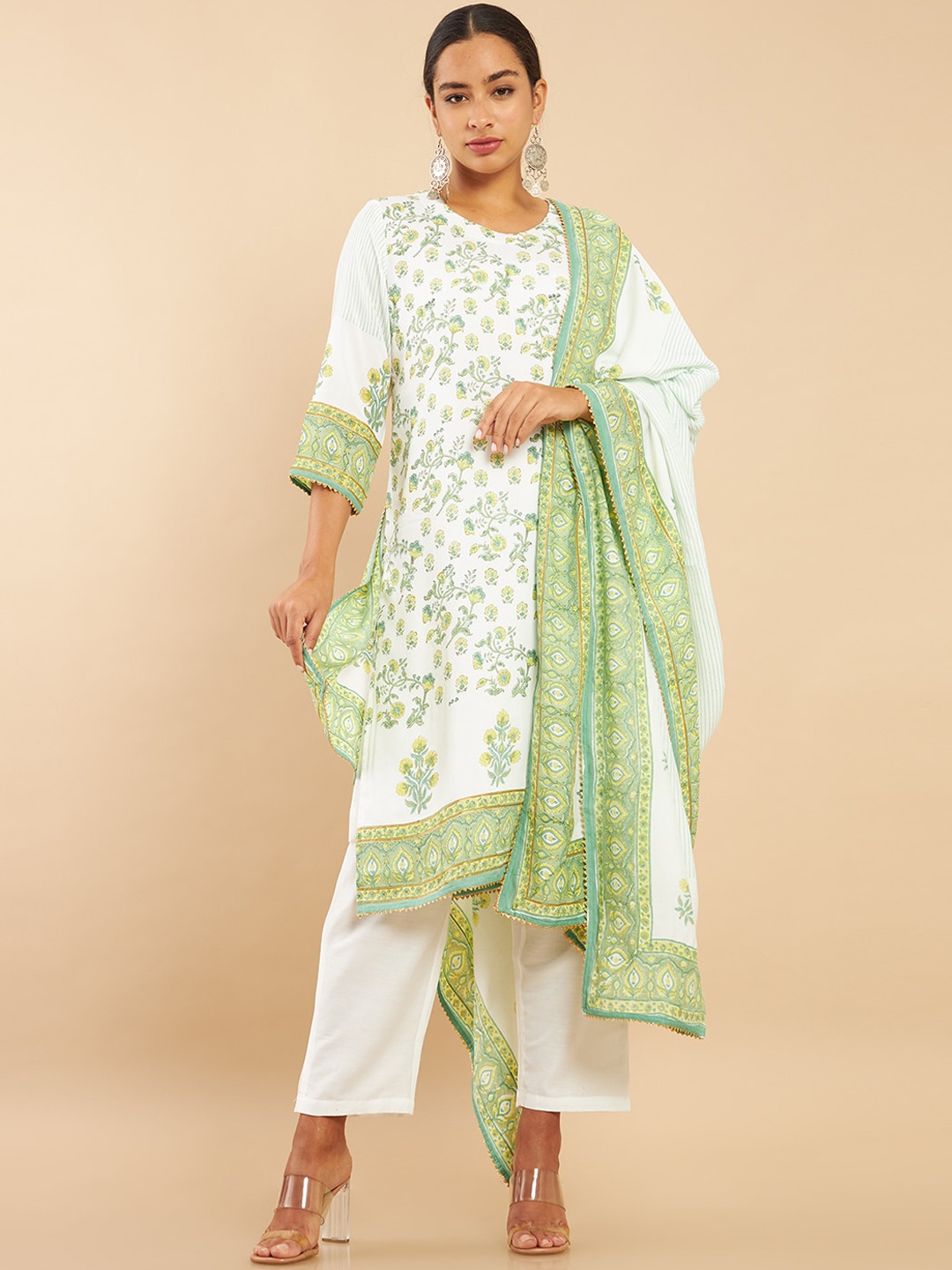 

Soch Women Off White Floral Printed Kurta with Trousers & With Dupatta