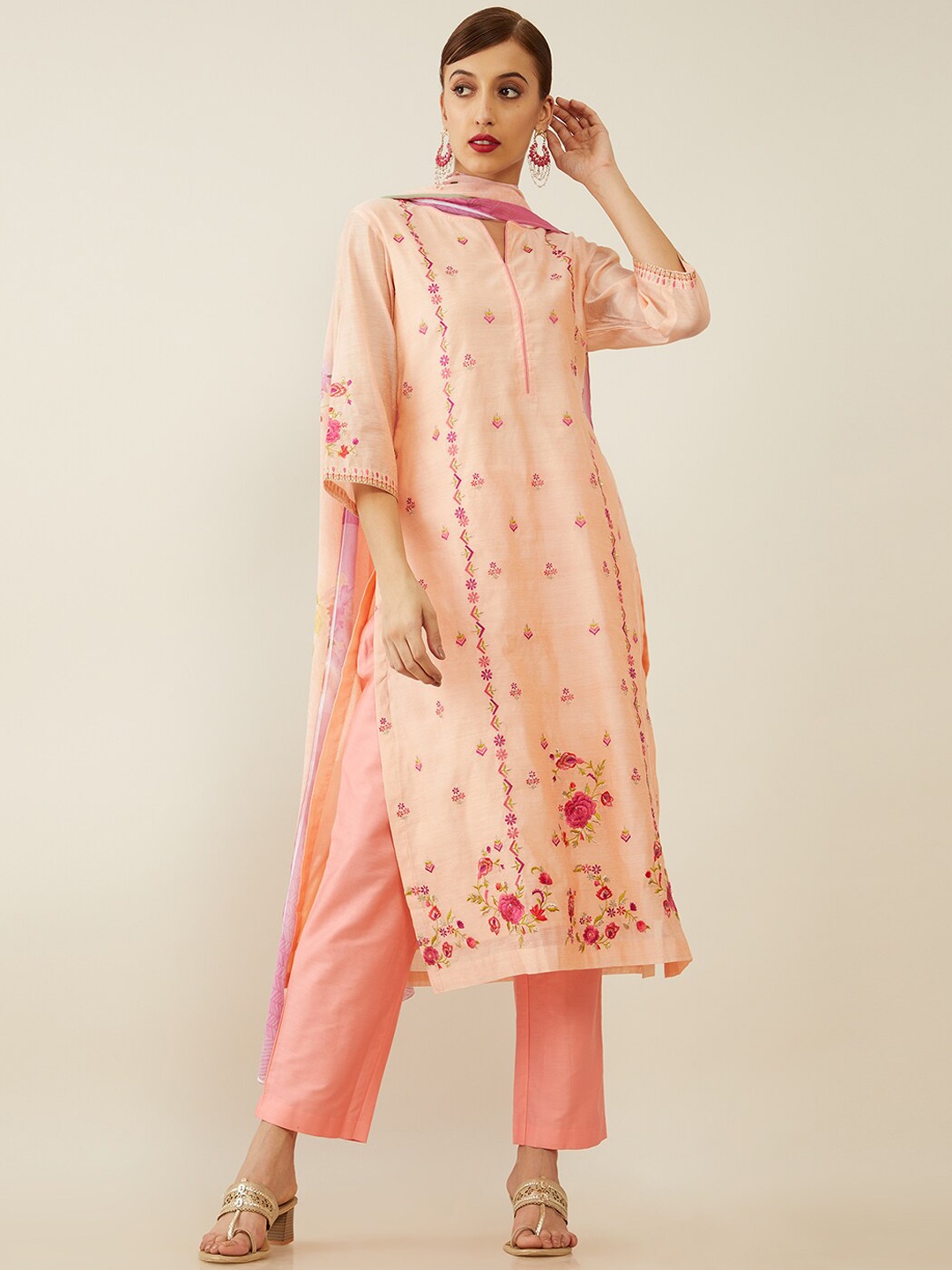 Soch Women Peach-Coloured Floral Embroidered Empire Chanderi Silk Kurta with Trousers & With Dupatta