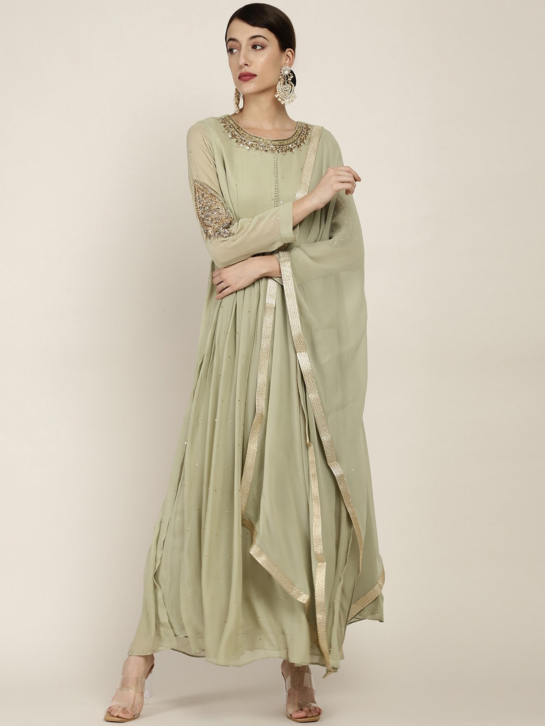 

Soch Women Green Empire Zardozi Kurta with Sharara & With Dupatta