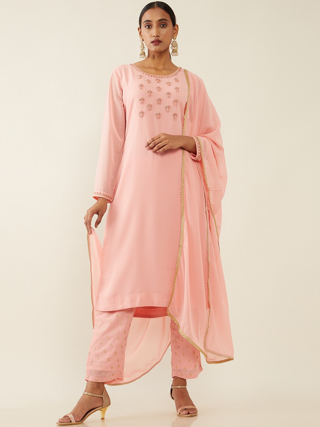 

Soch Women Peach-Coloured Floral Embroidered Beads and Stones Kurti with Trousers & With Dupatta