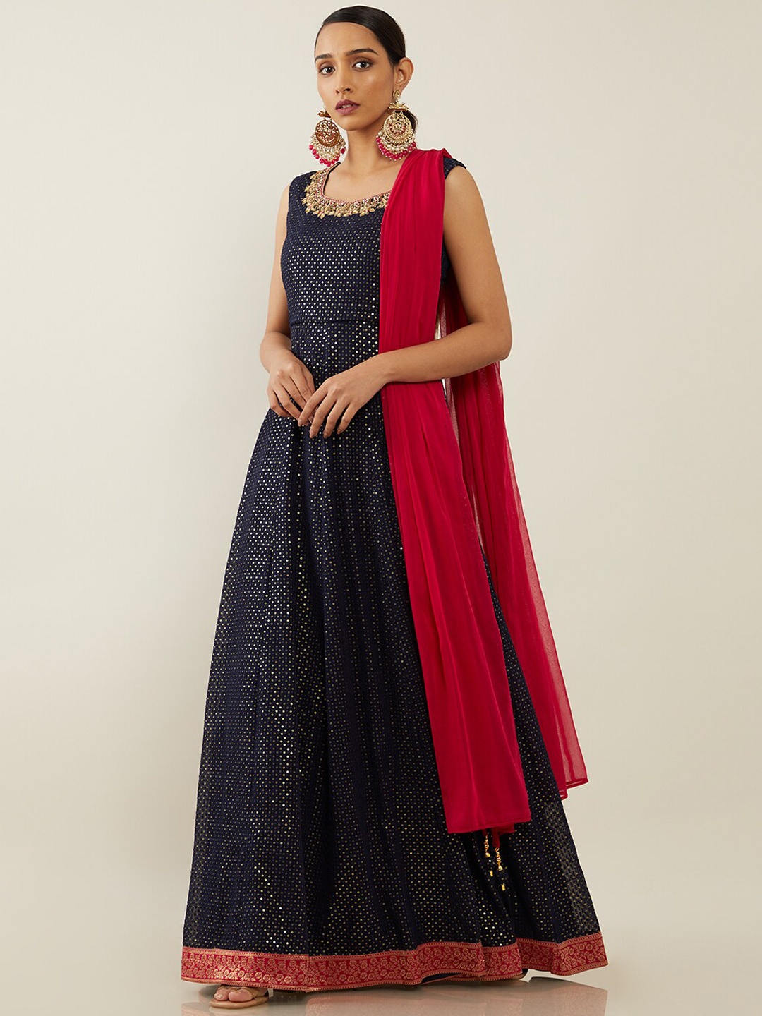 

Soch Women Navy Blue Panelled Sequinned Kurta with Palazzos & With Dupatta