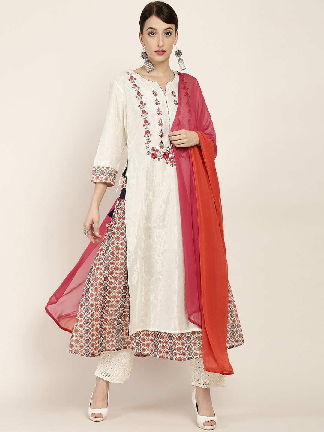 

Soch Women Cream-Coloured Embroidered Chanderi Silk Kurta with Trousers & With Dupatta