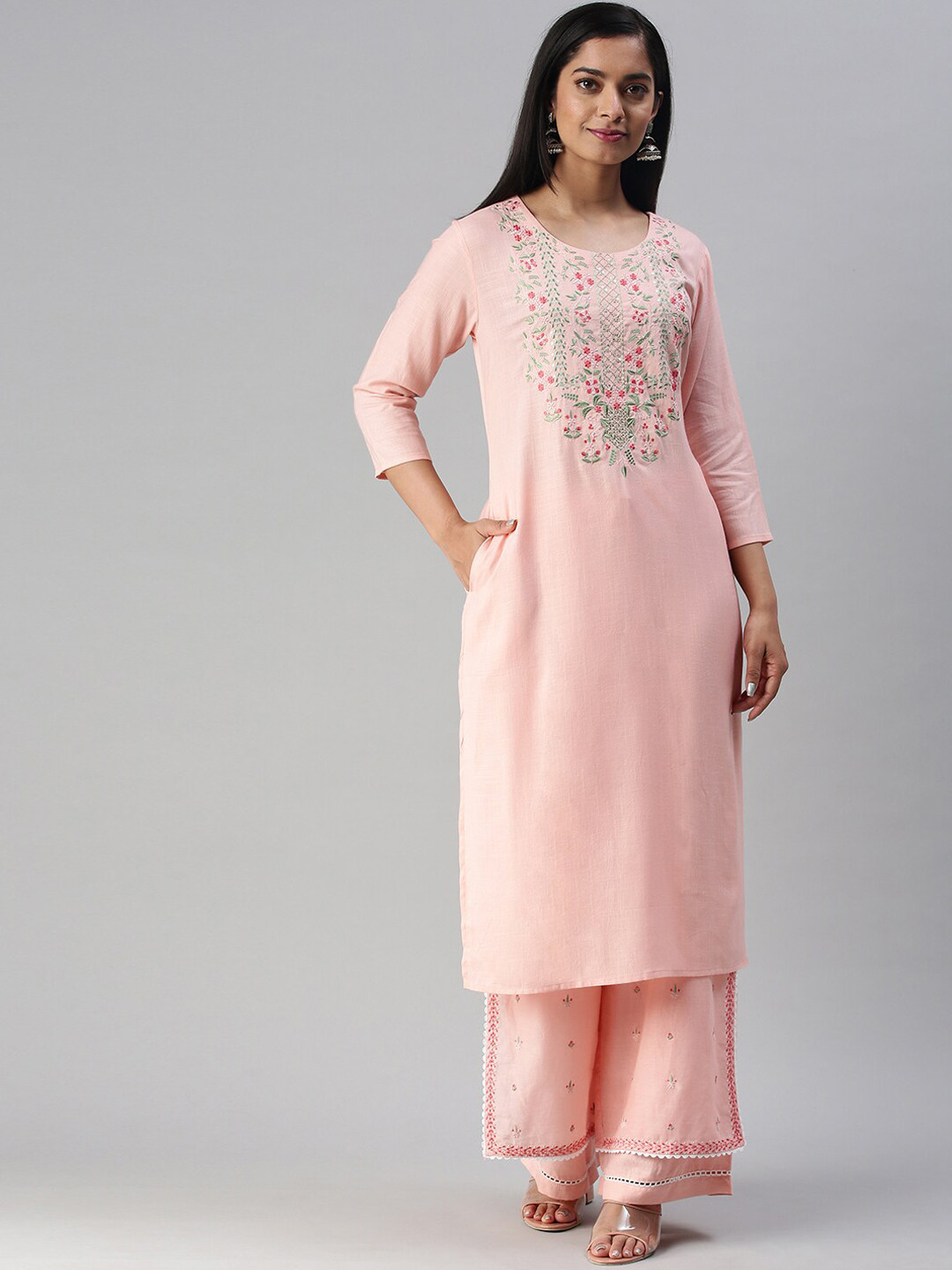 

Soch Women Peach-Coloured Embroidered Thread Work Kurta with Trousers
