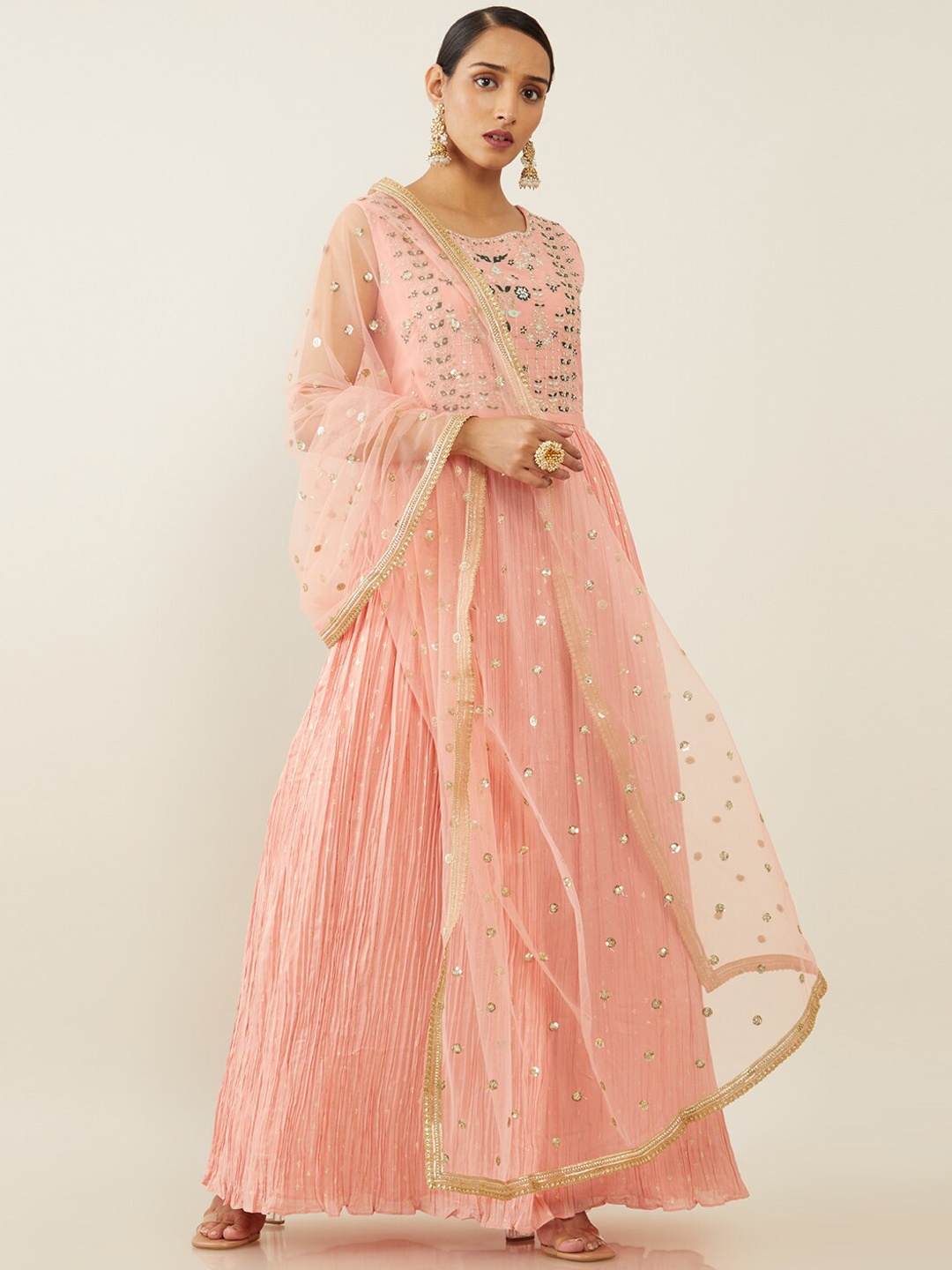 

Soch Women Peach-Coloured Floral Embroidered Beads and Stones Kurta with Trousers & With Dupatta