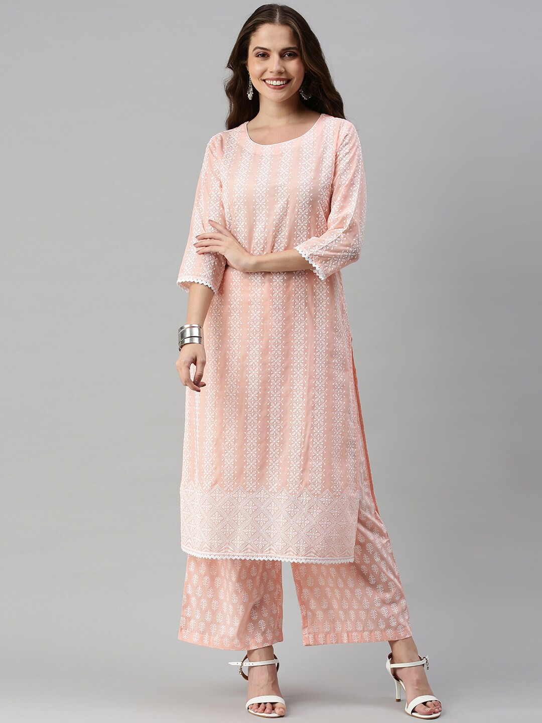 

Soch Women Peach-Coloured Printed Thread Work Pure Cotton Kurta with Palazzos