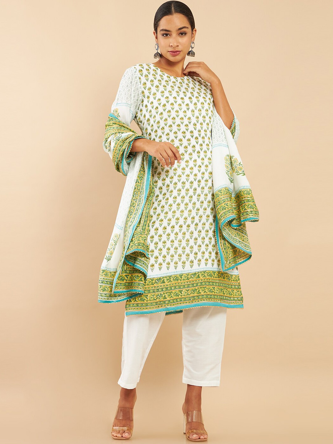 

Soch Women Off White & Green Ethnic Motifs Printed Kurta with Trouser & Dupatta