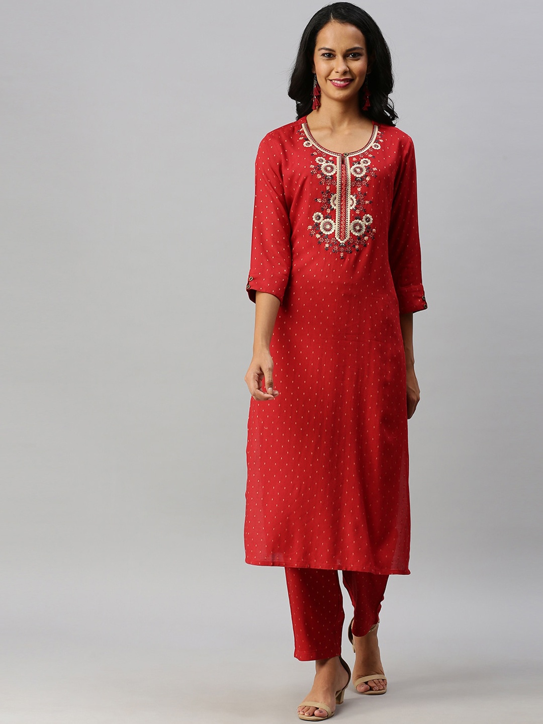 

Soch Women Maroon Yoke Design Thread Work Viscose Rayon Kurta with Trouser