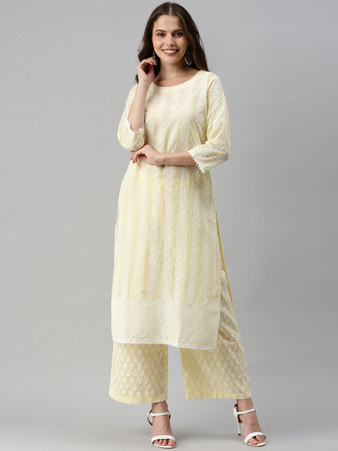 

Soch Women Yellow Ethnic Motifs Striped Thread Work Pure Cotton Kurta with Palazzos
