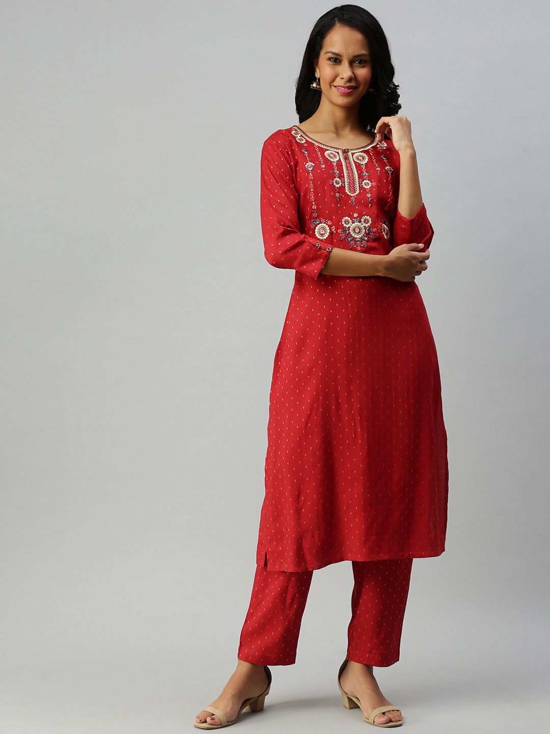 

Soch Women Maroon Floral Yoke Design Thread Work Kurta with Trousers