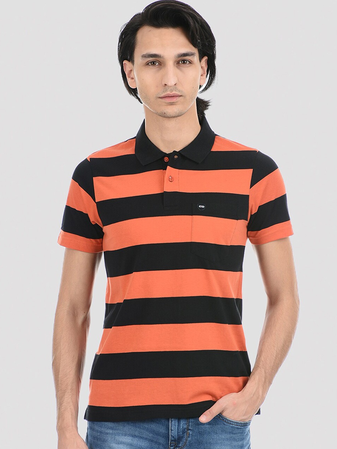

Cloak & Decker by Monte Carlo Men Orange & Black Striped Polo Collar T-shirt
